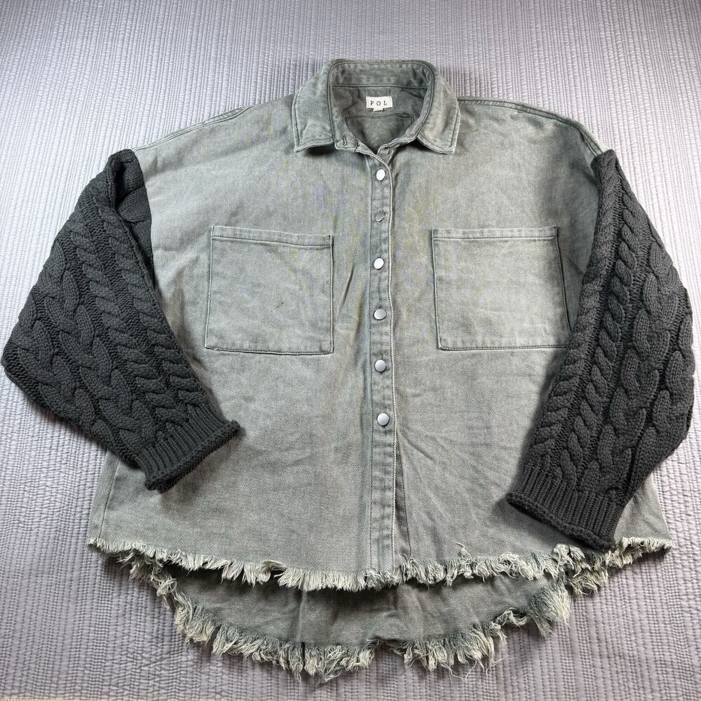POL Gray Denim Ivory Cable Knit Sleeves Oversized Boxy Womens S Hybrid Style